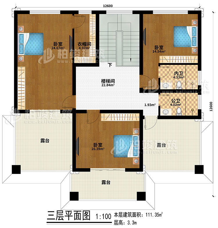 三层：楼梯间、3卧室、公卫、内卫、3露台、衣帽间